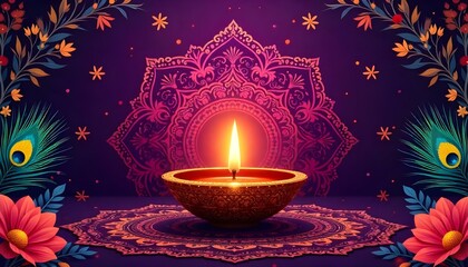 Radiant Diwali: Golden Diya and Peacock Elegance: Festival of Lights Wall Poster in Full Color