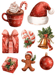 Christmas holiday set with Xmas tree icons, gift box, snowman, and Santa hat vector decorations