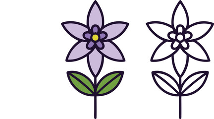Two stylized flowers with purple petals green leaves and yellow centers on white background