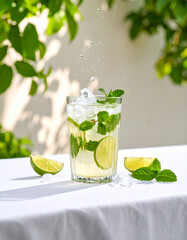 A refreshing mojito, brimming with ice, mint, and lime, is caught mid-splash as liquid falls into the glass on a white outdoor table.