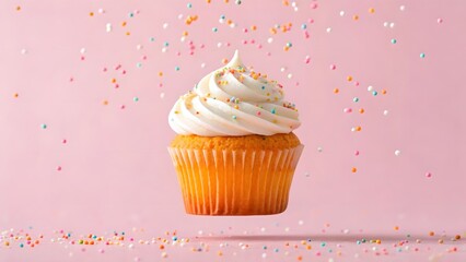 A delicious vanilla cupcake with swirled white frosting and colorful sprinkles