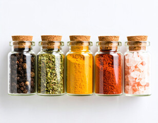 
Five small glass jars, sealed with corks, showcase a vibrant array of colorful spices neatly arranged on a pure white background.