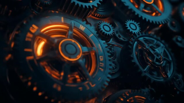 Complex mechanism of interconnected gears glowing with internal orange light, a symbol of precision engineering and intricate timekeeping.