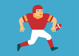 Vector art of an american football player in a red uniform running with the ball on a blue background
