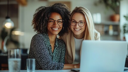 In a modern office space, two women of different ethnicities collaborate around a laptop; one wears a patterned top, the other a simple coat