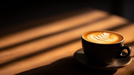 A beautifully crafted latte art in a black cup on a wooden table with soft shadows