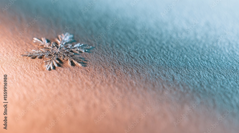 Poster close-up of a delicate snowflake resting on textured paper with soft gradient background
