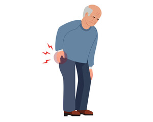 Senior man suffering from back pain touching his back vector illustration
