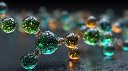 Green catalyst for hydrogen refueling and environmental reform concept. Colorful molecular structure representing chemical elements.