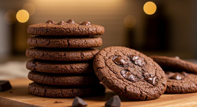 A stack of chocolate cookies with chocolate chips on a wooden board against a blurred background