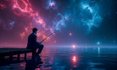 Businessman fishing for glowing stars in cosmic sea, this concept is about finding big ideas and new business opportunities