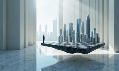 Real estate developer on floating chessboard with skyscraper chess pieces, this concept is for urban development and property investment