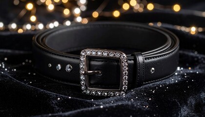 Elegant black belt featuring a sparkling diamond buckle on rich velvet background