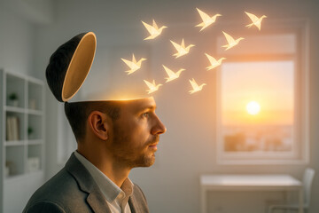 Man with his head open, releasing flock of origami paper birds, this beautiful concept shows creative thinking and amazing mental freedom
