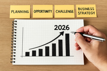 Man drawing growth chart for 2026 business strategy, this planning concept shows opportunity, goals, and overcoming future challenges