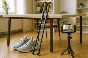 Healthy lifestyle blogger prepares walking poles beside fresh grey sneakers and smartphone tripod for recording motivational indoor fitness video session