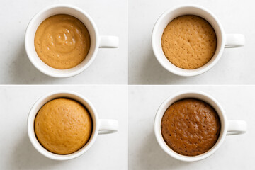 Four frame image chronicles homemade mug cake journey from raw batter to light airy browned sponge inside classic handle cup
