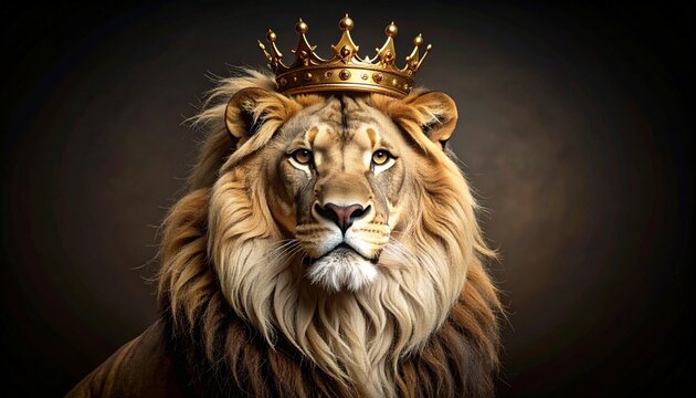 Stunning lion with crown in realism tattoo style displaying tawny and gold shades of majesty