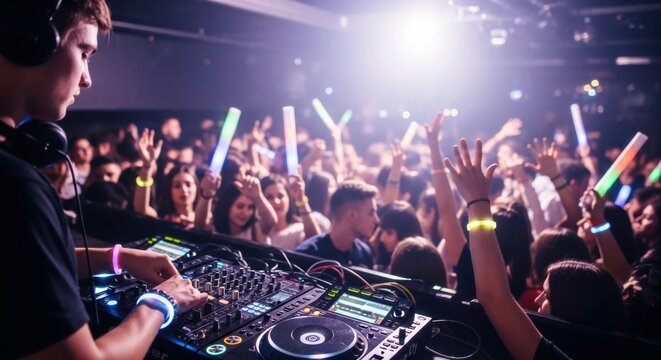 Young caucasian male dj performing at vibrant nightclub with energetic crowd