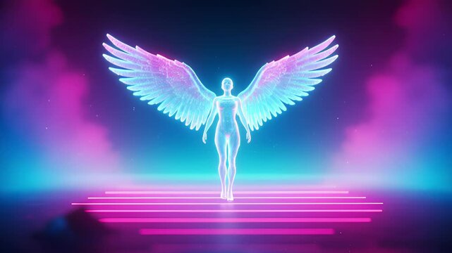 Neon angel ascending stairs with vibrant pink and blue light effect and a futuristic design