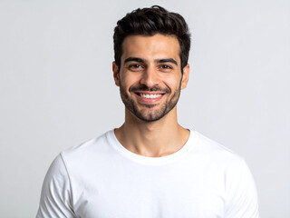 Obraz premium Candid Professional Headshot of a Young Man in a White T-Shirt – Authentic and Confident Expression for Modern Personal Branding