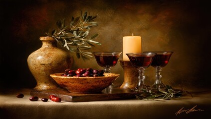 Still life with wine, olives, and candles