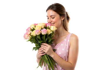 Happy blonde girl in light pink dress holding fresh roses bouquet, smiling, enjoying floral fragrance, standing on white background, romantic atmosphere, love and joy