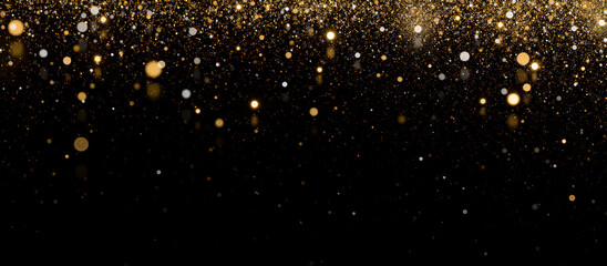 Golden glitter overlay on black background with glowing particles, shimmering bokeh, light sparkles, festive decoration, dust effect, luxury design, celebration atmosphere.