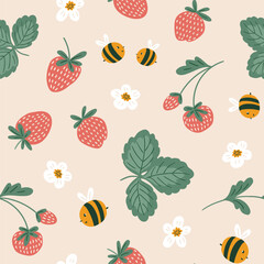 Bee vector seamless pattern. Bee and strawberry repeat background on pink backdrop. Cute hand drawn kids summer fabric design.  Summer illustration. Fruit sweet bees print.