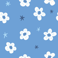 Obraz premium night flora vector seamless pattern. Stars and flowers repeat background on blue backdrop. Cute hand drawn kids fabric design. Floral blue print.