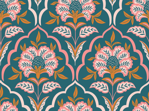 Vector seamless traditional Indian paisley pattern. Digital textile design Beautiful ethnic style. Damask colorful seamless floral seamless pattern for fabric or wallpaper