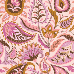 Vector seamless traditional Indian paisley pattern on pink background. Digital textile design Beautiful ethnic style colorful seamless floral hand drawn seamless pattern