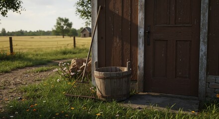 Obraz premium Wooden bucket by the door of a farmhouse in a rural setting 