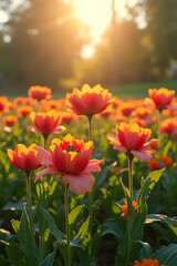 Fototapeta premium Smart flower garden with solar-powered sensors, vivid petals glowing under morning light, clear division of zones, peaceful tech-integrated environment