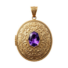Elegant gold locket with intricate engraving and purple gemstone, vintage jewelry design for timeless beauty
