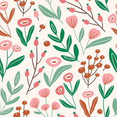 Stylized flowers seamless pattern. Decorative floral seamless texture in hand-drawn style. Summer natural illustration for fabric print design. 