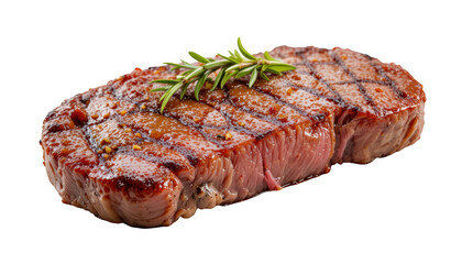 Fototapeta premium Freshly Grilled Steak with Juicy Texture and Seasoning Garnished with Fresh Rosemary Leaves