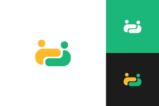 Abstract flat logo of two people connected in a handshake shape, representing partnership, support, and communication.