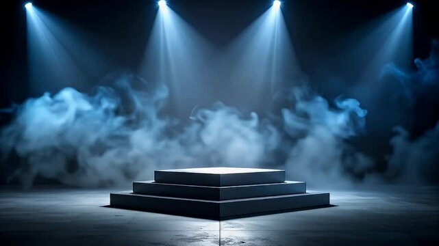 Dramatic stage illuminated by spotlights with mysterious smoke creates a captivating and cinematic atmosphere for presentations or performances.