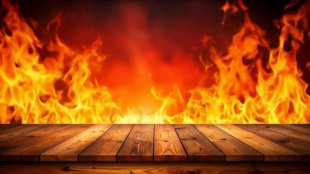 Dramatic fire background with a wooden table surface for product display or promotional content creation, ideal for adding visual impact