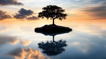 Solitary Tree on Rock Island Surrounded by Calm Water at Sunset with Vibrant Sky Reflections