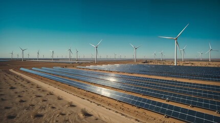 Hybrid Renewable Energy Farm in Desert – Wind Turbines & Solar Panels Under Scorching Sun