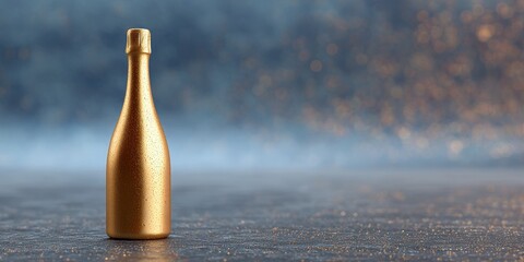 Golden champagne bottle on shimmering surface for celebration, success, and new year's eve