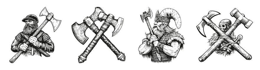 Intricate Illustrations of Axes and Warriors in Historic Style, vector illustration, engraving design, logo design set, black and white line, template design element