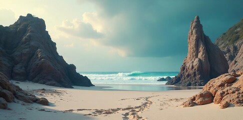 Naklejka premium Mysterious Beachscape Eerie Rock Formations, Surreal Haze, and Unnatural Sands Create an Unsettling Yet Magical Atmosphere