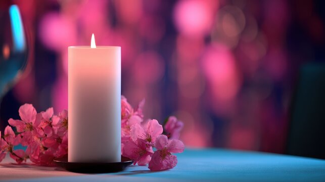 Romantic candlelit dinner setting with pink flowers, soft background lighting, and elegant decor