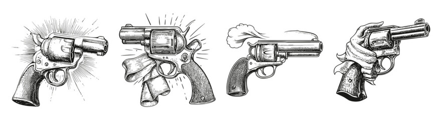 Vintage Vector Illustrations of Revolvers with Comic Style Effects, vector illustration, engraving design, logo design set, black and white line, template design element