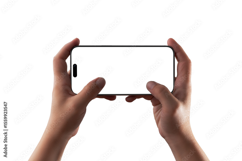 Poster horizontal smartphone held with both hands transparent, blank screen mockup great for video, game ui