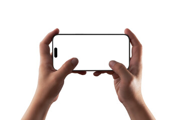 Horizontal smartphone held with both hands transparent, blank screen mockup great for video, game...