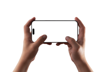 Horizontal smartphone held with both hands transparent, blank screen mockup great for video, game UI previews, or landscape app presentations